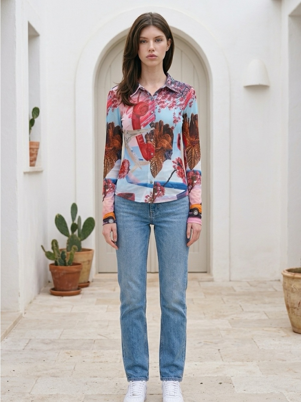 Christian Lacroix Multi-Color Floral Print Long-Sleeve Blouse